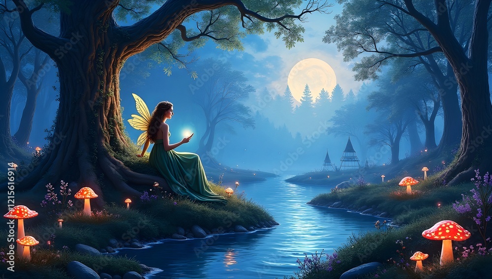Fototapeta premium A magical forest with glowing mushrooms, fireflies, and a fairy queen on a floral throne, surrounded by mythical creatures under a sky