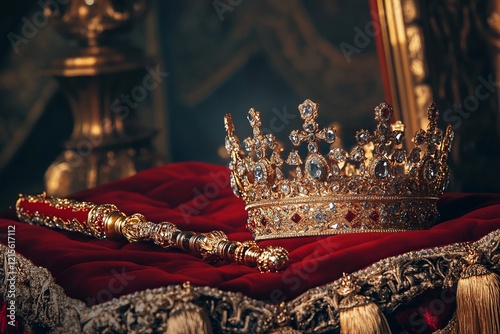 Golden crown and scepter displaying royal power and authority photo