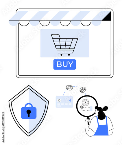 Shopping cart on website window, buy button, shield with lock, woman verifying online payment. Ideal for e-commerce, cybersecurity, digital transactions, online shopping, internet safety payment