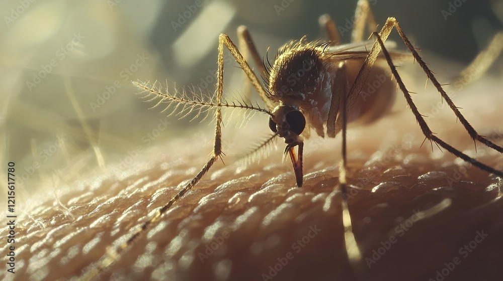 Fototapeta premium Microscopic View: Aedes Aegypti Mosquito & Zika Virus on Human Skin - Medical Illustration, Healthcare, Public Health, Disease Vector, Tropical Disease,
