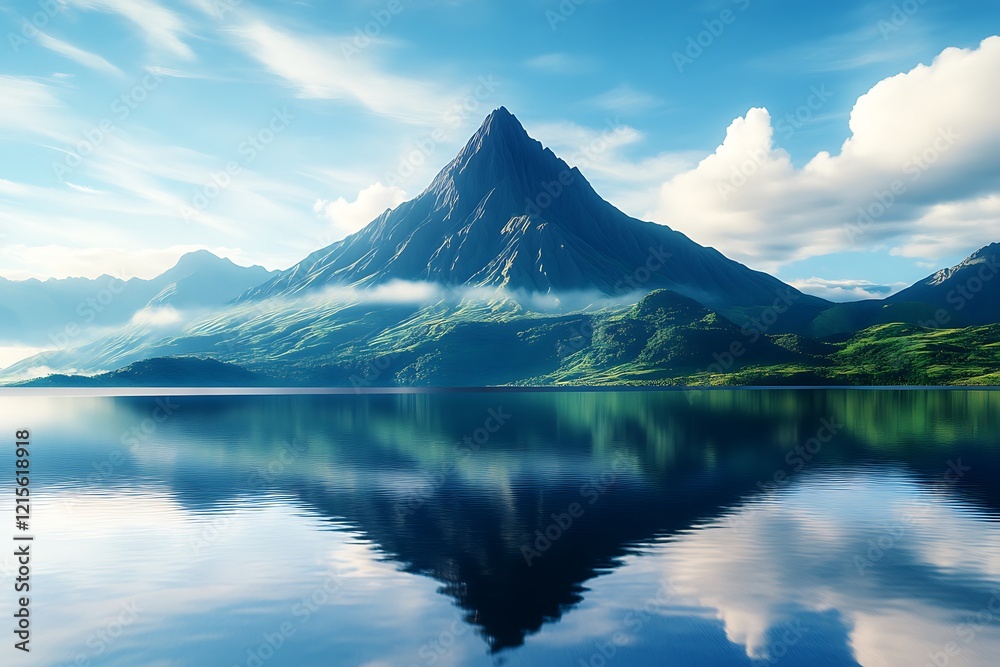 Volcanic mountain stands tall against a sky filled with soft morning light Volcanic mountain stands tall against a sky filled with soft morning light
