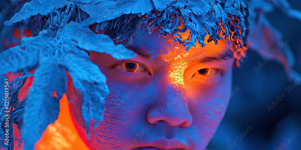 Portrait of a Person with Blue Foliage and Orange Highlights Portrait of a Person with Blue Foliage and Orange Highlights