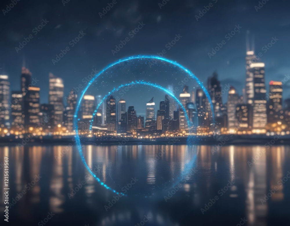 Naklejka premium Circular bokeh effect on blue background with city lights , glow, abstract, bokeh