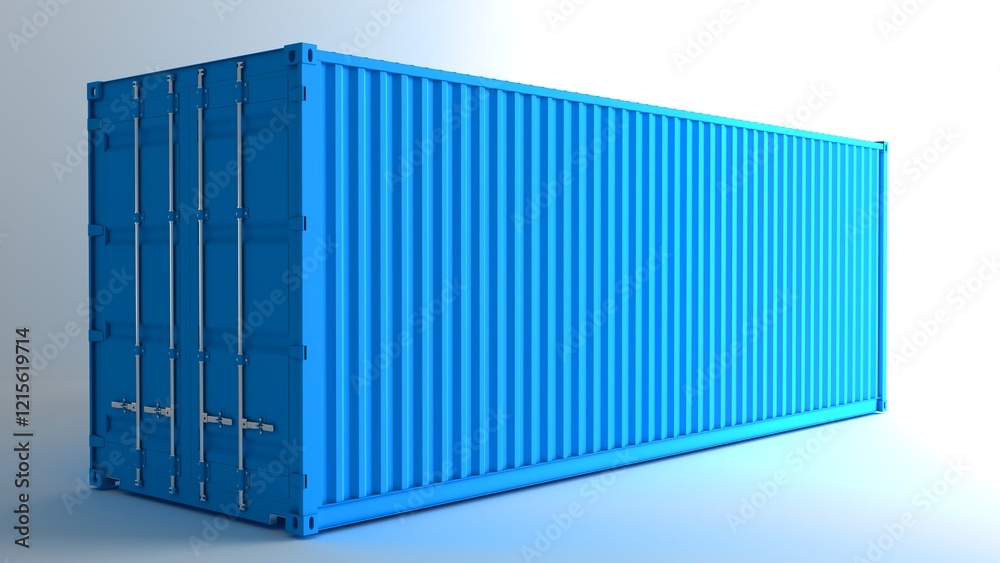 Transport container. Blue container for transporting goods by sea. Cargo container isolated on white. Closed container with capacity data. Delivery, logistics, transportation. Cargo ship. Transport container. Blue container for transporting goods by sea. Cargo container isolated on white. Closed container with capacity data. Delivery, logistics, transportation. Cargo ship.