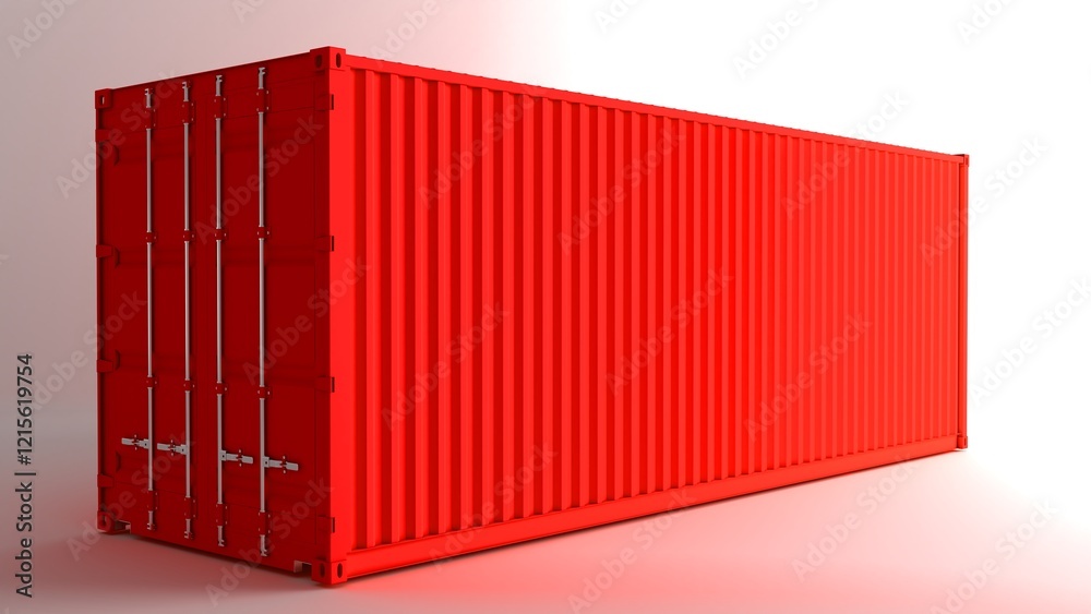 Transport container. Red container for transporting goods by sea. Cargo container isolated on white. Closed container with capacity data. Delivery, logistics, transportation. Cargo ship. Transport container. Red container for transporting goods by sea. Cargo container isolated on white. Closed container with capacity data. Delivery, logistics, transportation. Cargo ship.