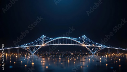 A glowing blue node structure forms a bridge over a reflective surface, creating a visually striking and futuristic scene. This image can be used for technology, architecture, or innovation themes
