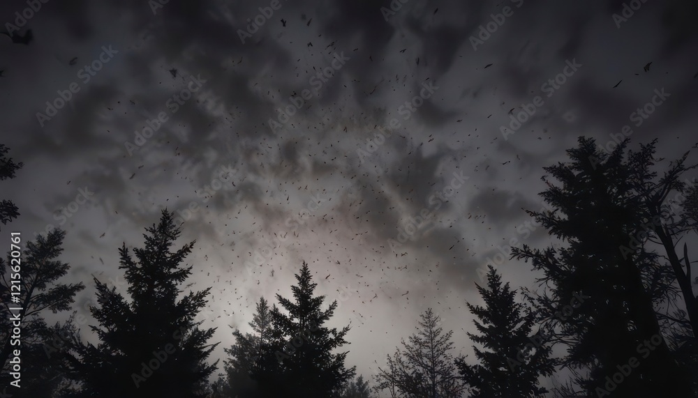 A swarm of bats flying in the dark sky above a haunted forest, misty atmosphere, dark sky, bats A swarm of bats flying in the dark sky above a haunted forest, misty atmosphere, dark sky, bats