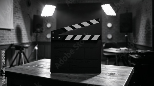 Classic film clapperboard on a wooden table in a studio setting 