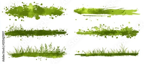 A collection of hand-drawn watercolor grass line art and silhouettes, isolated on a white background. This ground cover illustration, featuring a side view of grass sections, turf coating, and