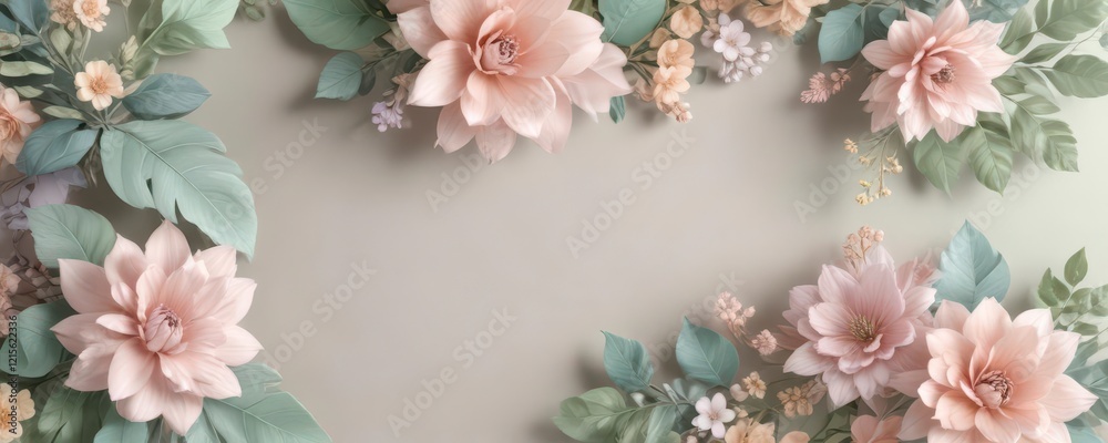 Elegant floral and leaf template with soft pastel colors,  soft colors,  wedding card,  pastel hues