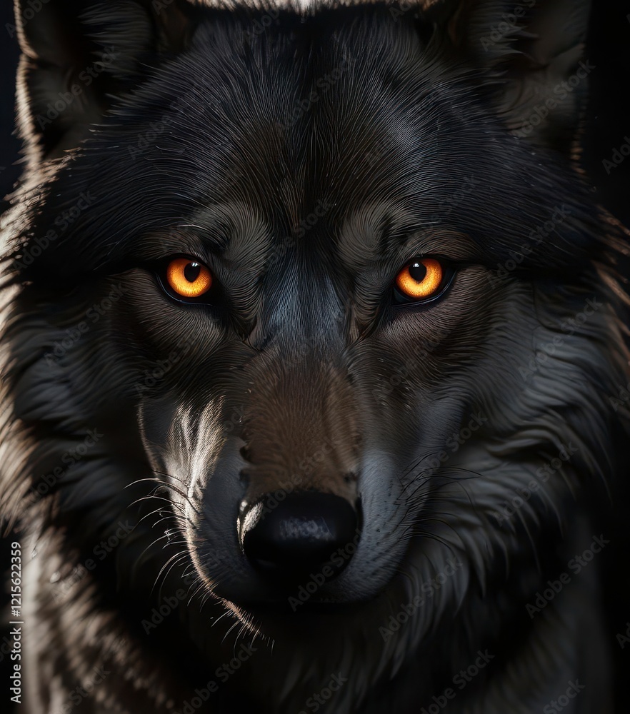 Close-up of wolf's face with glowing eyes in darkness, glowing eyes, wildlife, fur Close-up of wolf's face with glowing eyes in darkness, glowing eyes, wildlife, fur
