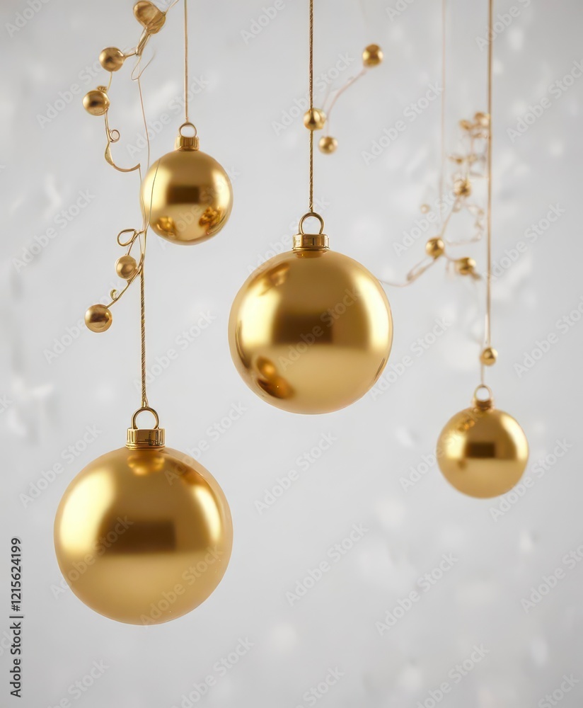 Delicate gold balls and shapes in hanging arrangement against clean white background, Festive, Gold, Decorative Delicate gold balls and shapes in hanging arrangement against clean white background, Festive, Gold, Decorative