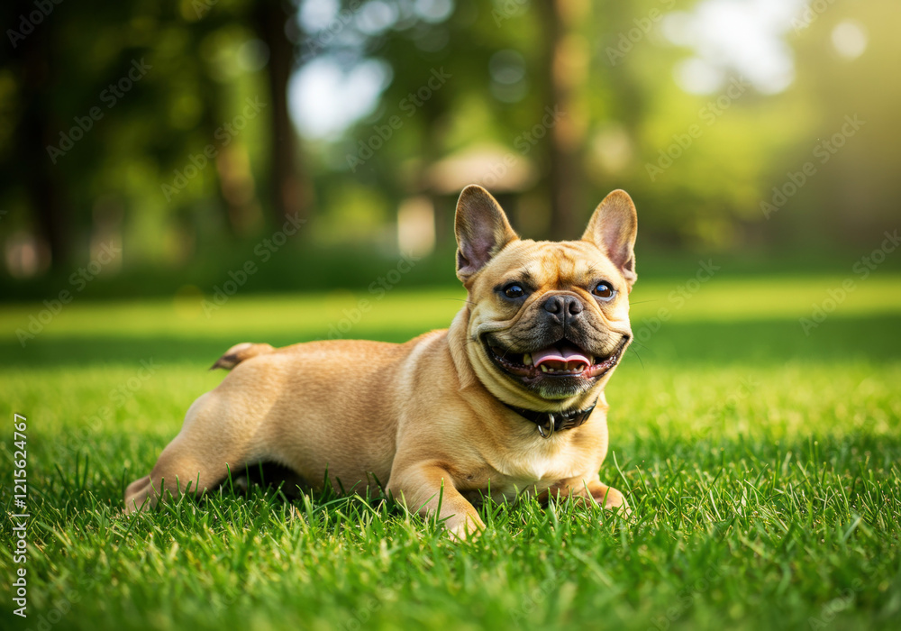 French Bulldog rolls around playfully in lush green grass French Bulldog rolls around playfully in lush green grass