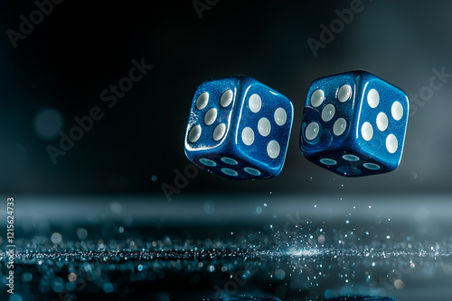 Two Blue Dice in Motion Above a Glittering Surface