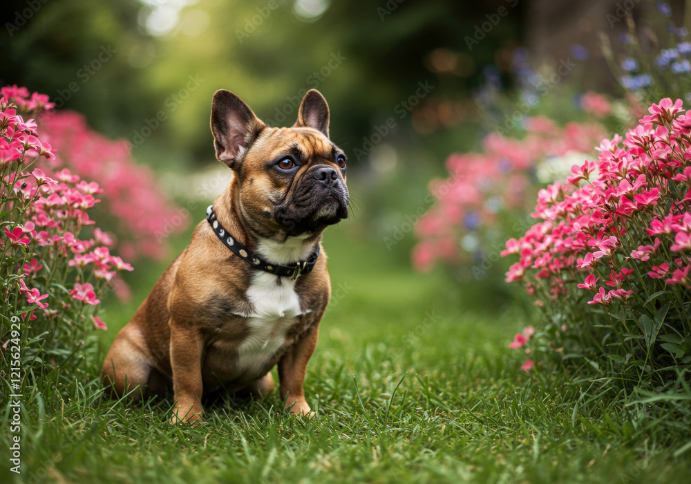Fototapeta premium French Bulldog sitting among blooming flowers