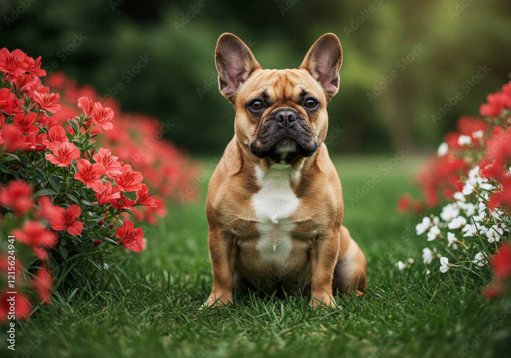 French Bulldog sitting among blooming flowers