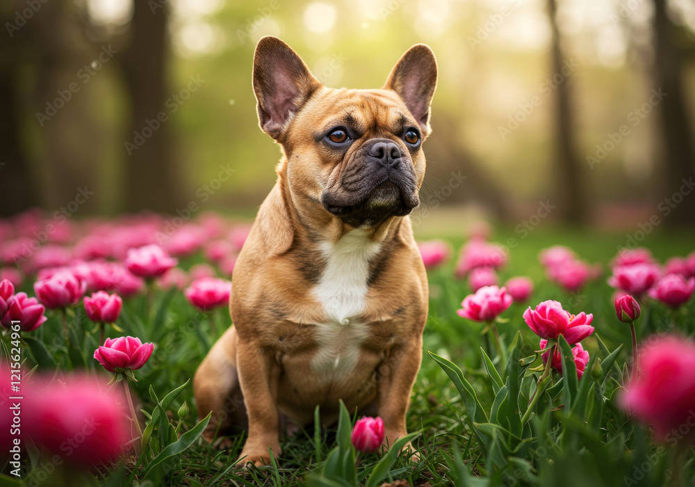 French Bulldog sitting among blooming flowers French Bulldog sitting among blooming flowers