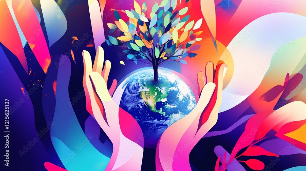 Obraz premium Colorful illustration of hands holding the Earth with a vibrant tree growing on it