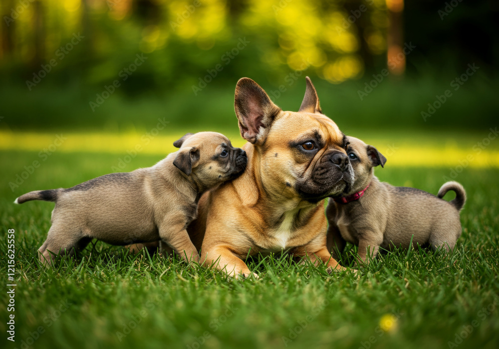 French bulldog with puppies playing around him French bulldog with puppies playing around him