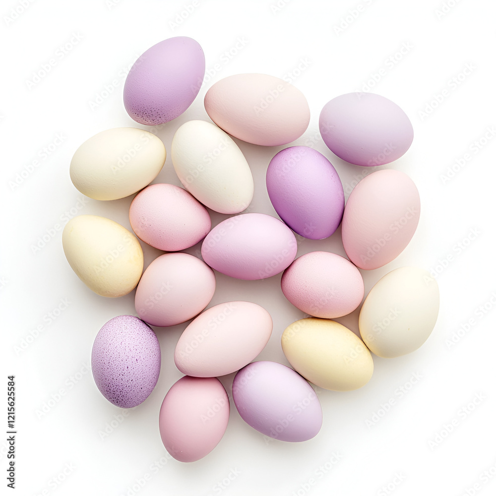 Pastel-colored eggs arranged in a cluster on a white background. Perfect for Easter or spring celebrations. Pastel-colored eggs arranged in a cluster on a white background. Perfect for Easter or spring celebrations.