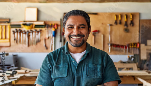 Happy carpenter is smiling with arms crossed in his workshop
