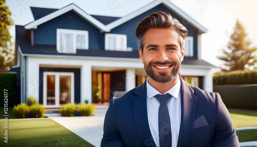 Real estate agent smiling in front of modern house