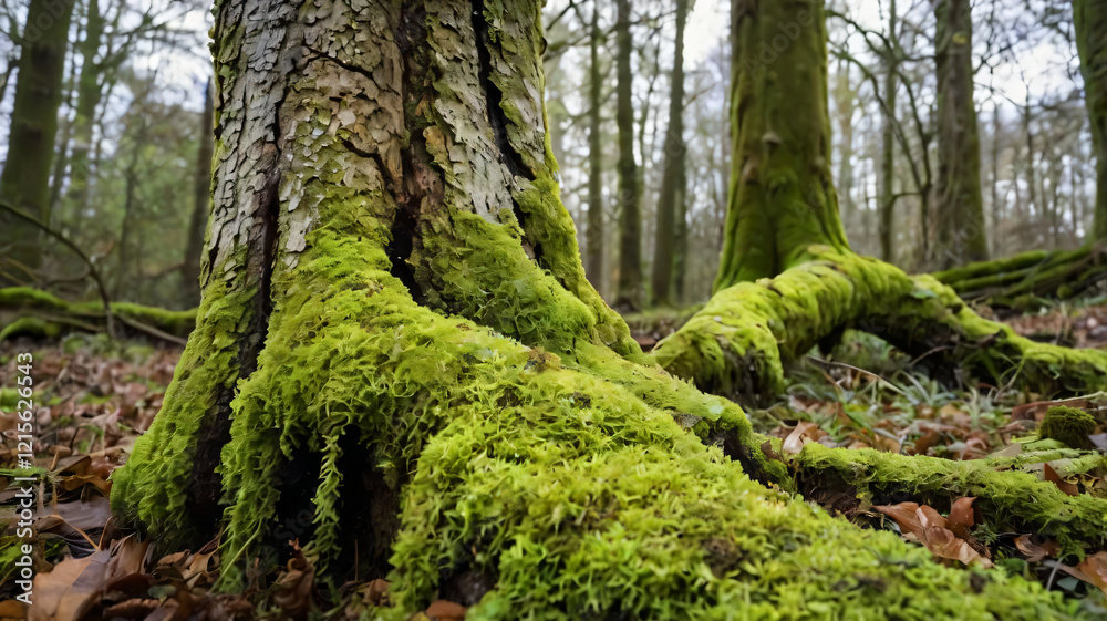 Rotten trunk of a centenary oak covered with green moss and lichen isolated Rotten trunk of a centenary oak covered with green moss and lichen isolated