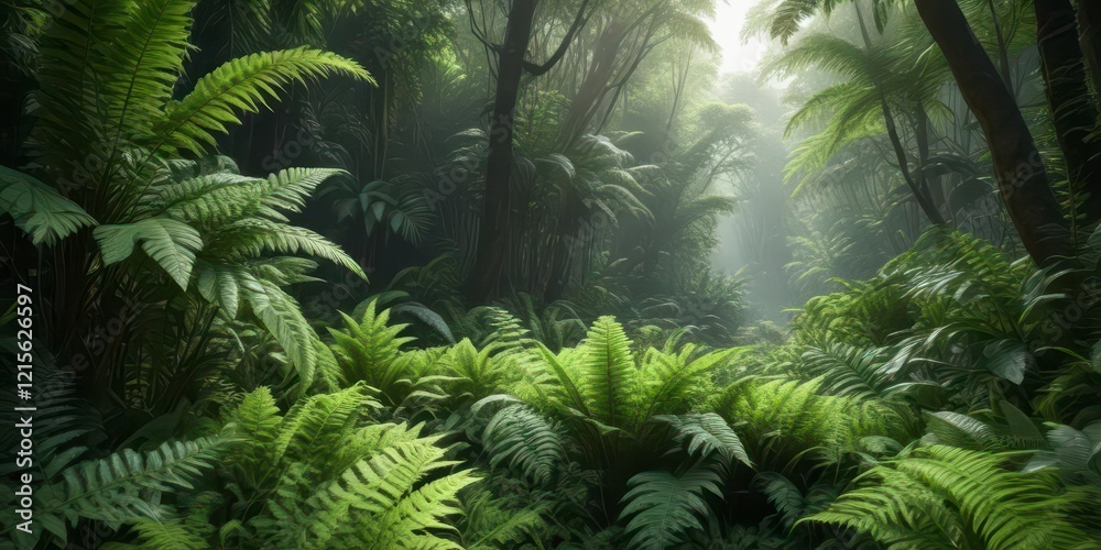 Forest of lush greenery with ferns and tropical leaves, botany, foliage, tropical forest Forest of lush greenery with ferns and tropical leaves, botany, foliage, tropical forest