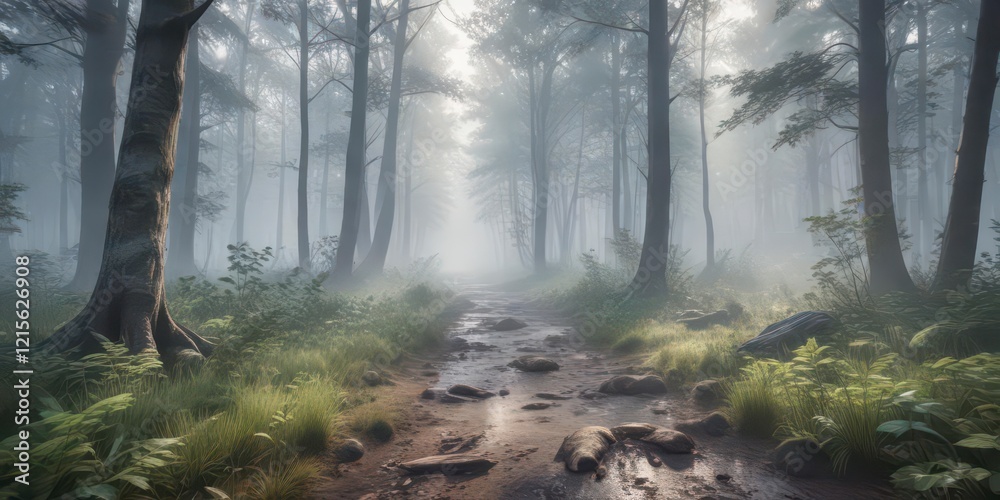 Naklejka premium Gentle watercolor strokes on a misty morning forest floor , foliage, leaves, texture