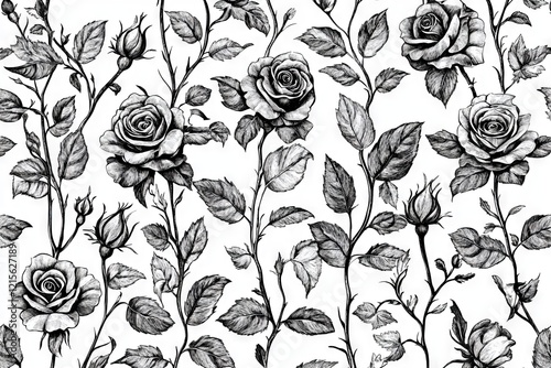 A seamless modern pattern with ornate roses and leaves, designed in an engraving style, set against a vintage floral backdrop