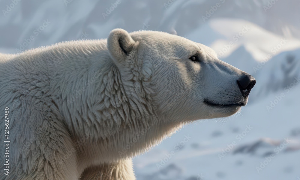 Polar bear in profile, silhouetted against snowy mountain range, arctic, mountains, snow Polar bear in profile, silhouetted against snowy mountain range, arctic, mountains, snow