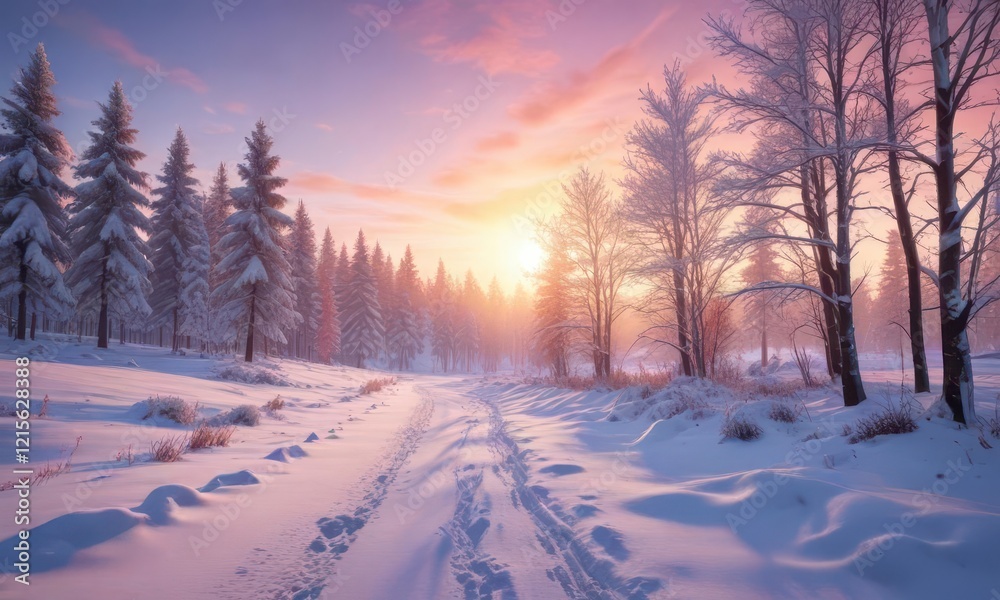 Naklejka premium Serene winter landscape with snow-covered trees leading up to a colorful sunrise, clouds, mountains, nature
