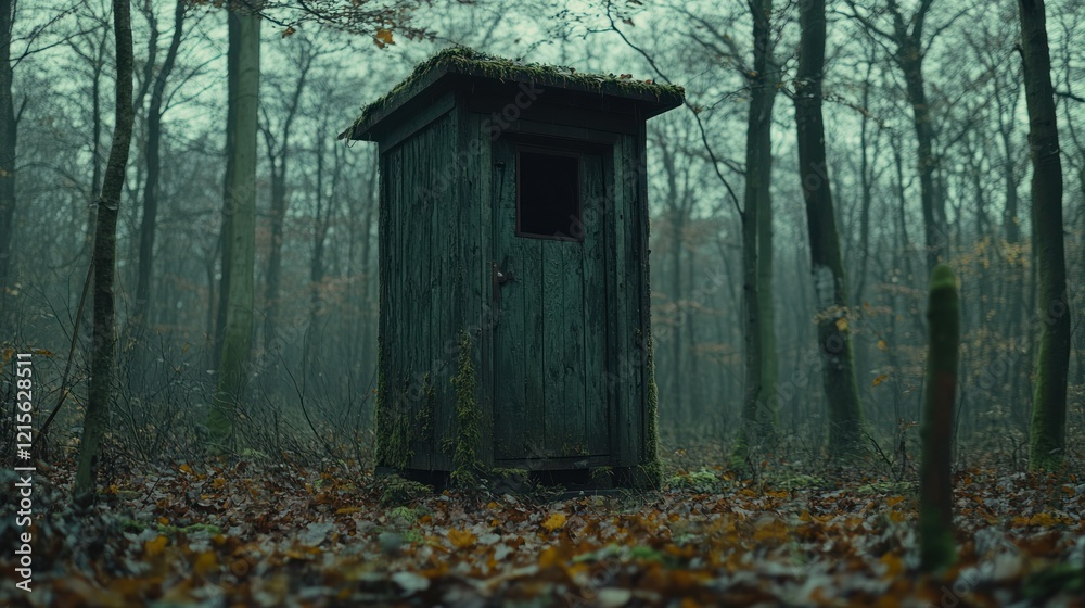 Mossy outhouse in foggy autumn forest Mossy outhouse in foggy autumn forest