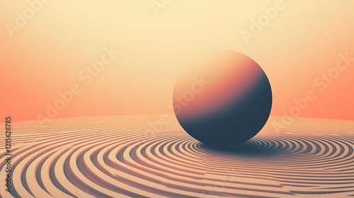 A minimalist 2D pattern of concentric circles in subtle gradients, contrasted by a bold, oversized 3D sphere emerging from the center