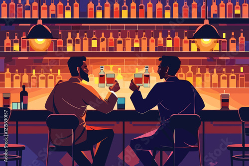 Two Men Toasting with Whiskey Glasses at a Vibrant Bar Counter After Work