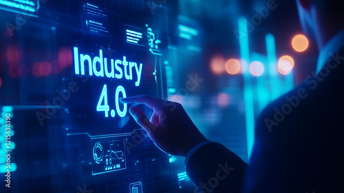 Professional Touching Industry 4.0 Digital Words on Glass Surface: A sleek corporate environment where a businessman interacts with a glass pane featuring glowing 