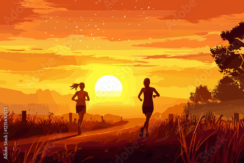 Two women jogging on rural road at sunset, embracing outdoor fitness and healthy lifestyle