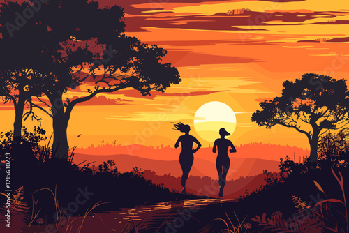 Two women jogging on rural road at sunset, embracing outdoor fitness and healthy lifestyle