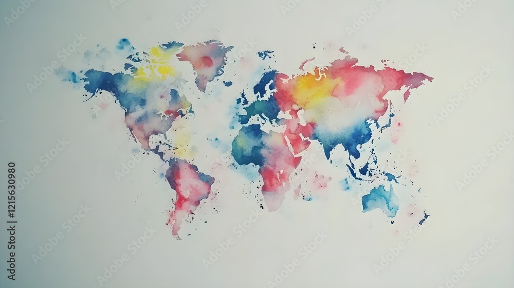 Fototapeta premium World map made of colorful watercolor splashes on a clean white background.