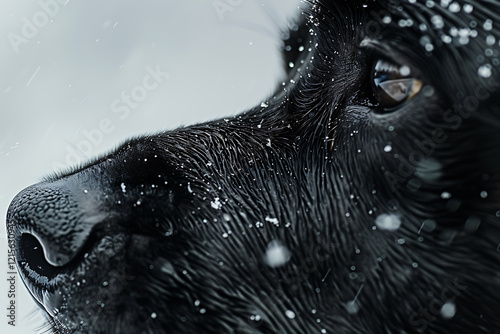 animal portrait, close-up of a black dogs nose against a pure white background, captured with a red weapon k camera and a mm arri master prime lens for maximum realism