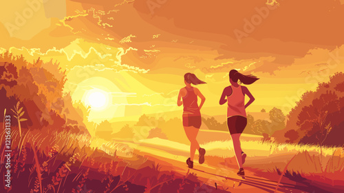 Two women jogging on rural road at sunset, embracing outdoor fitness and healthy lifestyle