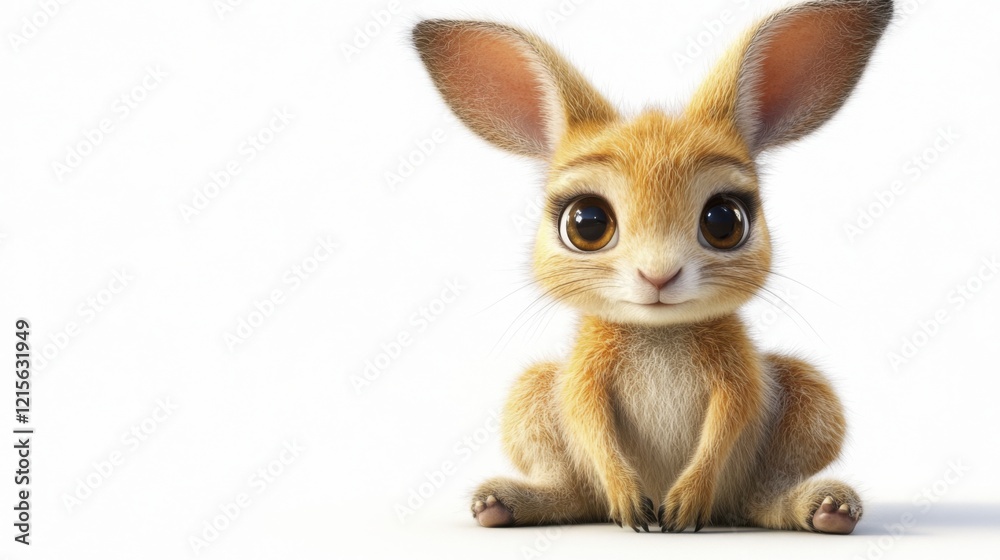 Fototapeta premium Adorable cartoon bunny with big eyes and fluffy ears on white background
