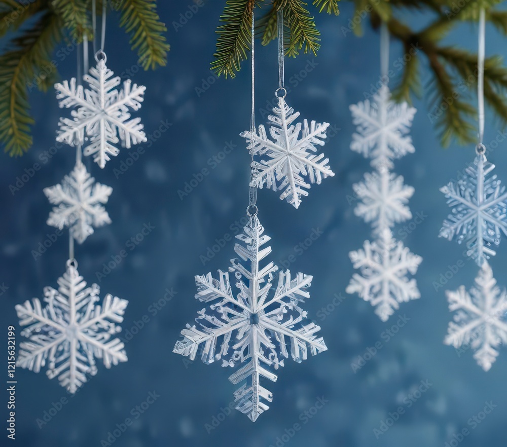 Snowflake-patterned Christmas tree ornaments in shades of blue and white hanging on blue background, snowflakes, winter, christmas tree Snowflake-patterned Christmas tree ornaments in shades of blue and white hanging on blue background, snowflakes, winter, christmas tree