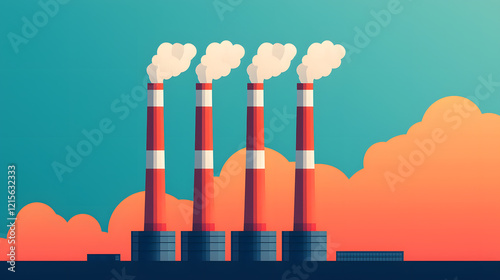 Industrial pollution control four smokestacks at a factory urban environment digital illustration aerial view sustainability concept