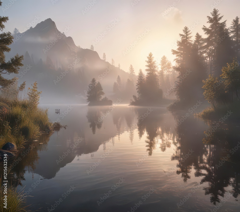Fototapeta premium Softly glowing mist surrounds a tranquil lake at dawn, lake, dreamy, foggy