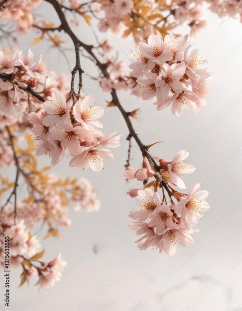 Soft peach hues with delicate cherry blossoms and golden leaves on white background , peach, blooms, soft colors Soft peach hues with delicate cherry blossoms and golden leaves on white background , peach, blooms, soft colors