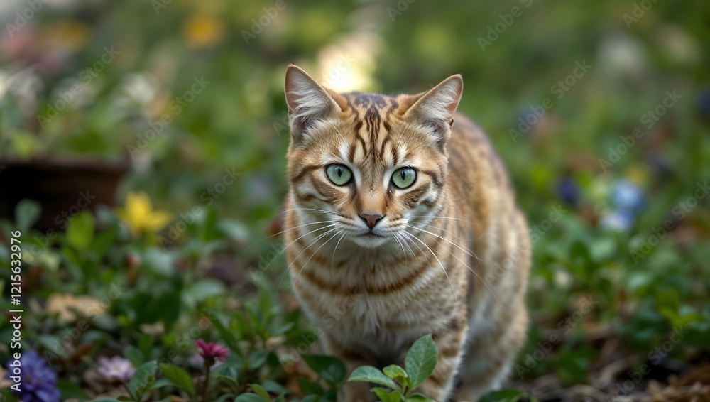 Stray Cat in Bloom, Tabby Walking Through Flower Field Photography Stray Cat in Bloom, Tabby Walking Through Flower Field Photography