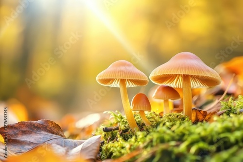 A cluster of charming mushrooms basking in the golden autumn sunlight, highlighting the beauty of nature’s diversity and the enchanting essence of fall. photo