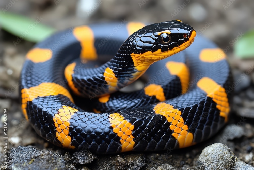 A striking image of a black and orange patterned snake coiled on the ground, showcasing the beauty of nature’s diversity and the unique characteristics of reptiles. A striking image of a black and orange patterned snake coiled on the ground, showcasing the beauty of nature’s diversity and the unique characteristics of reptiles.