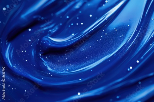 An alluring abstract image showcasing swirling blue paint with glittering particles, invoking feelings of calm and creativity through its rich texture and motion.